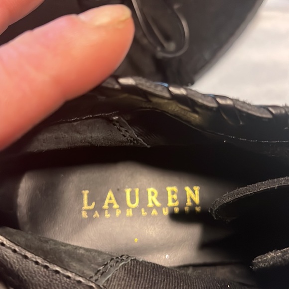 Lauren Ralph Lauren | Black suede booties w/ leather edge and tassel ties - Picture 5 of 8